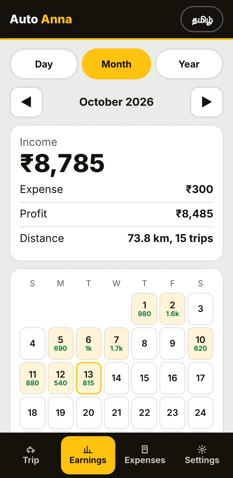 Month calendar with each day's income